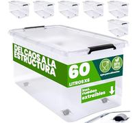 Deuba 6x Cajas Almacenaje Plástico 60L Transparentes Apilables con Ruedas | Almacenamiento Hogar, Juguetes, Ropa, Asas, Tapa Cierre Clic, Organizador Armario, Alimentos, libre de BPA, Cocina, Despensa