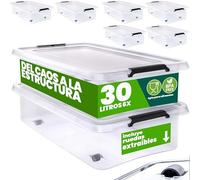 Deuba® 6X Cajas de Almacenamiento 30L Tapa Clips de Cierre Transparentes Almacenaje Juguetes Ruedas Apilable