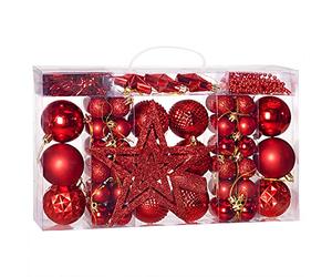 DEUBA® Bolas Árbol de Navidad Set Completo 66 Pzs. Adornos Decoración Brillante Mate Colgante Rojo