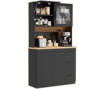 Devoko Armario Alto de Cocina con Luces LED y Enchufe, Mueble de Almacenamiento con 3 Cajones, Vitrina y Compartimentos Abiertos, Estantes Ajustables para Comedor,100x40x182cm (Negro)