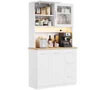 Devoko Armario Alto de Cocina con Luces LED y Enchufe, Mueble de Almacenamiento con 3 Cajones, Vitrina y Compartimentos Abiertos, Estantes Ajustables para Comedor,100x40x182cm (Blanco)