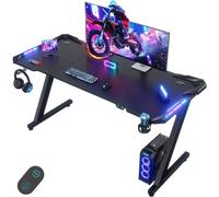 Devoko Escritorio Gaming con Luces LED, 140 x 60cm RGB Mesa Gaming Forma Z, Escritorio de Ordenador Grande con Gancho para Auriculares y Portavasos, Mesa Gamer para Oficina en Casa, Negro