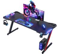 Devoko Escritorio Gaming con Luces LED, 160 x 60cm RGB Mesa Gaming Forma Z, Escritorio de Ordenador Grande con Gancho para Auriculares y Portavasos, Mesa Gamer para Oficina en Casa, Negro
