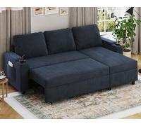 Devoko Sofá Cama Chaise Longue, Sofá de Salón Cheslong de 3 Plazas Convertible en Cama, con Almacenamiento Integrado y Portavasos, Sofá Chaise Longue 3 Plazas en Forma de L con Tejido Suave Negro