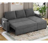 Devoko Sofá Cama Chaise Longue, Sofá de Salón Cheslong de 3 Plazas Convertible en Cama, con Almacenamiento Integrado y Portavasos, Sofá Chaise Longue en Forma de L con Tejido Suave Gris Oscuro