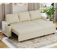 Devoko Sofá Cama Chaise Longue, Sofá de Salón Cheslong de 3 Plazas Convertible en Cama, con Almacenamiento Integrado y Portavasos, Chaise Longue 3 Plazas en Forma de L con Tejido Suave Beige