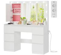 Devoko Tocador de Maquillaje con 12 Luces LED y Espejo Grande, Mesa de Maquillaje con Compartimento Trasero para Joyería, 7 Grandes Cajones con Guías y Enchufe, 120x40x140 CM, Moderno Blanco