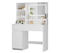 Devoko Tocador de Maquillaje con Grande Espejo y Luces LED, Brillo Ajustable, Mesa de Maquillaje con 3 Estante Abierto, 2 Cajones y Armario Lateral, Vanity de Maquillaje Moderno para Dormitorio Blanco