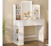 Devoko Tocador de Maquillaje con Luces LED, Brillo Ajustable, Mesa de Maquillaje con Espejo, con 2 Cajones Grandes y 4 Estantes Abiertos y Taquilla Lateral, 90 x 40 x 135 cm, Blanco
