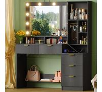 Devoko Tocador de Maquillaje con Luz LED y Espejo, Mesa de Maquillaje con Enchufes, 5 Cajones y 6 Ganchos para Joyas, 7 Compartimentos, 114x40x149 CM, Vanity Moderno para Dormitorio, Negro