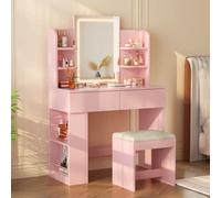 Devoko Tocador de Maquillaje con Taburete y Luces LED, Brillo Ajustable, Mesa de Maquillaje con Espejo, con 2 Cajones Grandes y 4 Estantes Abiertos y Taquilla Lateral, Vanity Moderno, Rosa