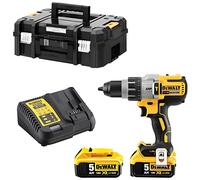 DeWalt DCD996P218 20V MAX Hammer Drill with 1/2" chuck, includes two 5.0Ah batteries, charger, and hard case, perfect for heavy-duty drilling and impact tasks.