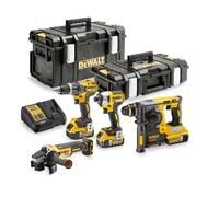 DEWALT DCK422P3 - Kit Taladro Percutor 18V (DCD796), Martillo Electroneumático SDS-Plus (DCH273), Mini-Amoladora (DCG405), Atornillador Impacto (DCF887), 3 Baterías 5Ah (DCB184), Maletín TSTAK