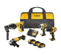 DEWALT kit combo 18V, 4 herramientas, 3 baterías 4Ah, DCK424M3-QW | 4 herramientas DEWALT, 3 baterías de 4Ah y bolsa blanda para perforar, atornillar, taladrar con percusión y cortar.
