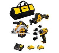 DeWALT Kit D12K302 (Sierra Circular DCS512 + Mini-Sierra Sable DCS312 + Taladro Atornillador DCD703 + 2 baterías de 3,0 Ah + cargador + Bolsa)