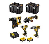 DeWALT Kit DWK400 (Taladro Percutor DCD796 + Martillo Perforador DCH273 + Mini-Amoladora DCG405 + Atornillador de Impacto DCF887 + 2 Baterías de 5,0 Ah + Cargador + 2 x TSTAK VI)
