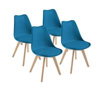 DEWINNER Silla de Comedor escandinava, Silla de Oficina Retro, Asiento tapizado en Haya Maciza (Azul, Set de 4)
