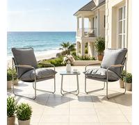 DHWDS Muebles de balcón, muebles de jardín, juego de 2 unidades con mesa y 2 sillas, metal/cristal con cojines, resistente a la intemperie, gris, para pequeño balcón y jardín