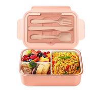 Diboniur Fiambrera con cubiertos, 1400 ml de capacidad, con 3 compartimentos, ideal para el almuerzo, la oficina, el microondas (rosa)