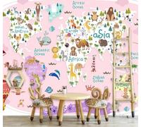 Dibujos Animados Rosa Mapa Del Mundo Animales Aviones 3D Papel Pintado Pared Fácil Instalación Oficina Sala Estar Sofá Dormitorio TV Fondos Decoración-400cm×280cm
