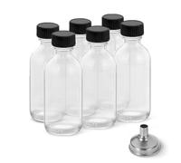 DIDITIME Paquete de 6 botellas de chupito de 2 onzas con tapas y embudos de acero inoxidable, botella de jugo de vidrio reutilizable, mini botellas de viaje, tarros pequeños de 60 ml con tapas para