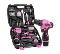 DIFFLIFE Juego de herramientas de taladro eléctrico rosa de 147 piezas con taladro inalámbrico de 12 V, juego de herramientas profesionales para el hogar, taladro eléctrico rosa, caja de herramientas