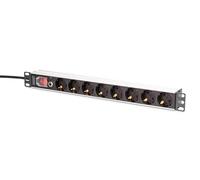 Regleta de alimentación PDU Rack 19" con protección contra sobrecargas, 8 tomas Schuko CEE 7/3 (45°), cable de 2m, enchufe Unischuko CEE 7/7, 16A, aluminio