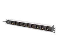Regleta de alimentación PDU Rack 19" con fusible de sobrecarga, 9 tomas Schuko CEE 7/3 (45°), cable de 2m, enchufe IEC C14, 10A, aluminio