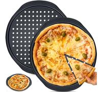 Dinhauyon Bandejas de pizza antiadherentes para horno, 2pcs bandejas redondas perforadas con manijas de 14 pulgadas, bandejas de pizza de acero al carbono para cocinar pizzas crujientes y pan de ajo