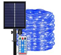 DINOWIN Cadena de Luces Tira LED Solar Exterior 20M 200LED Impermeables PVC Cuerda con Remoto 8 Modos Guirnalda Luces para Navidad, Fiesta, Boda, Patio, Jardín (Azul)
