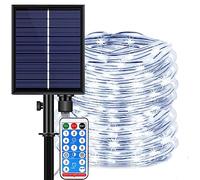 DINOWIN Cadena de Luces Tira LED Solar Exterior 20M 200LED Impermeables PVC Cuerda con Remoto 8 Modos Guirnalda Luces para Navidad, Fiesta, Boda, Patio, Jardín (Blanco)
