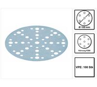 Disco abrasivo de granato, diámetro 150 mm, grano P280, sistema STF, marca FESTOOL, modelo 575169, para lijadora. Caja de 100 unidades