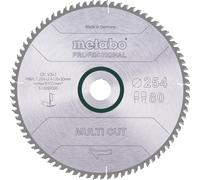 Disco de sierra circular multi-corte profesional, acero rápido (HW/CT), diámetro 254 mm, grosor 2,4 mm, longitud del cuerpo 30 mm, 80 dientes. Diente plano-trapezoidal