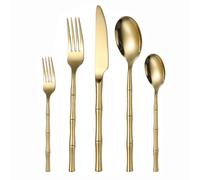 Diseño De Mango De Bambú De Imitación Cocina Acero Inoxidable Cubiertos Vajilla Cubiertos Juego De Cubiertos Cuchillo De Carne Tenedor Cuchara Cucharadita (Oro,5 piezas)