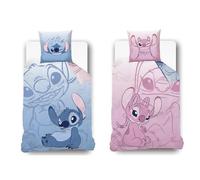 Disney - Funda de edredón reversible de Disney Stitch, doble puntada, 140 x 200 cm y 1 funda de almohada de 63 x 63 cm, 100% algodón, color azul y rosa