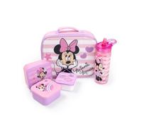 Disney Minnie Mouse - Bolsa de almuerzo rosa para niñas, botella de agua reutilizable y 3 recipientes para aperitivos, juego de regreso a clases con corazones y estrellas a rayas | Kit de almuerzo con
