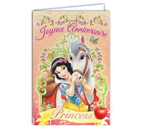 DISNEY PRINCESS Tarjeta Feliz Cumpleaños Vestido con Brillo Brillante Sobre Rojo Interior Ilustrado Blancanieves Caballo Blanco Manzana Pájaros Prince Faon Flores Niña Cuento Niño 130938