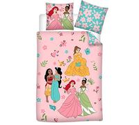 Disney Princesses - Funda nórdica de 135 x 200 cm y funda de almohada de 80 | Juego de cama reversible (100% algodón transpirable Oeko-Tex | Belle, Ariel, Jasmine & Tiana, regalo de cumpleaños para niña