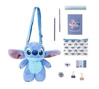 Disney Stitch Bolso Peluche, Incluye Estuche, Lapiz, Sacapuntas, Borrador, Cuaderno, Notas Adhesivas, Regla, Clips de Papel y Lapiz de Colorear, Regalo Set de Papeleria para Niñas