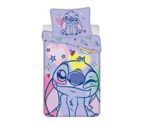 Disney Store Lilo e Stitch - Juego de cama con cepillo 100% algodón, morado con corazones y estrellas, funda nórdica de 140 x 200 cm + funda de almohada de 70 x 90 cm, con cierre de cremallera