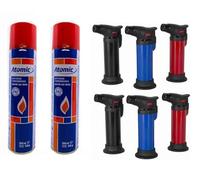 DISPAU 6 Mini Sopletes para Cocina Flambeador de Gas con Llama Ajustable Perfecto para Caramelizar, Crema Catalana y Barbacoas ¡Con 2 Botella Gas Rellenables con 5 Adaptadore Gratis!