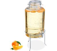 Dispensador de bebidas Relaxdays con soporte, depósito para limonada de 8 litros, grifo, dispensador de agua, vaso, cierre con abrazadera, transparente
