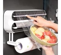 Dispensador de film transparente 3 en 1: soporte de pared, cortador de film, soporte para toallas. Color: . Diseño que ahorra espacio. También sirve como soporte para rollos de cocina