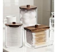 Dispensador de hisopos - Contenedor de baño con soporte para hisopos con tarro de boticario organizador - Tapas de madera marrón para fácil almacenamiento, paquete de 3 unidades
