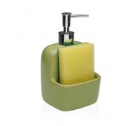 Dispensador de jabón líquido de cerámica brillante con compartimento para esponja y bomba cromada - Dosificador moderno para baño y cocina, ideal también para detergente platos (verde)