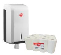 Dispensador para papel secamanos mini mecha blanco y pack 12 rollos Clim Profesional