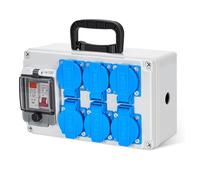 Distribuidor de corriente para construcción 16 A IP67 con base Schuko de 6 tomas e interruptor diferencial 30 mA, 230 V, caja de distribución de corriente para obras, jardín exterior, distribuidor de