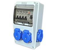 Distribuidor de energía, 4 enchufes de 230V Schuko, disyuntor diferencial de 40A, interruptor automático C16A, grado de protección IP44