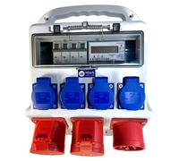 Distribuidor de energía con contador, interruptor automático B16 de 3 polos y 1 polo, 2 enchufes de 16A a 400V y 4 enchufes de 230V