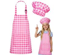 DiULi Delantales Infantiles, Conjunto de 2 Pcs Delantal Ajustable y Gorro de Cocinero Infantil, Impermeable Delantal con Bolsillo para Niños, Regalo para Pequeños Cocineros (Tartán- Talla única)